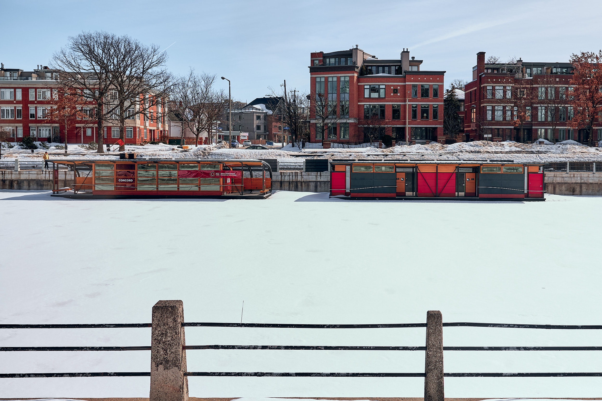 Unused skate huts that have been left on the Rideau Canal, which did not open for skating this winter.