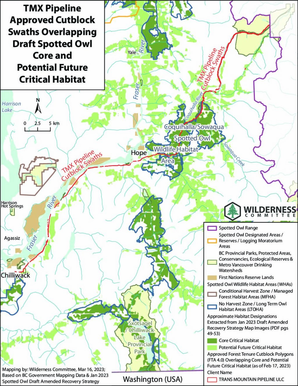 A map of Trans Mountain pipeline cutblocks that overlap with spotted owl habitat.