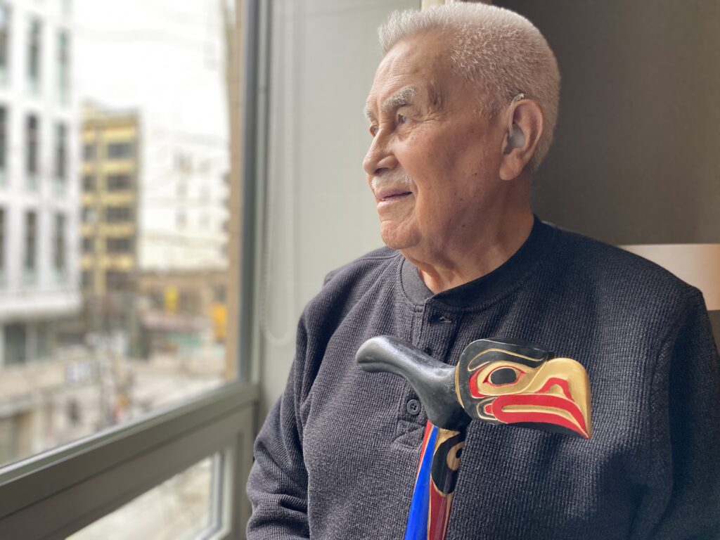 Gilaskamax Allan Brown, 86, at a hotel in Vancouver as part of the Gitxaala court hearings
