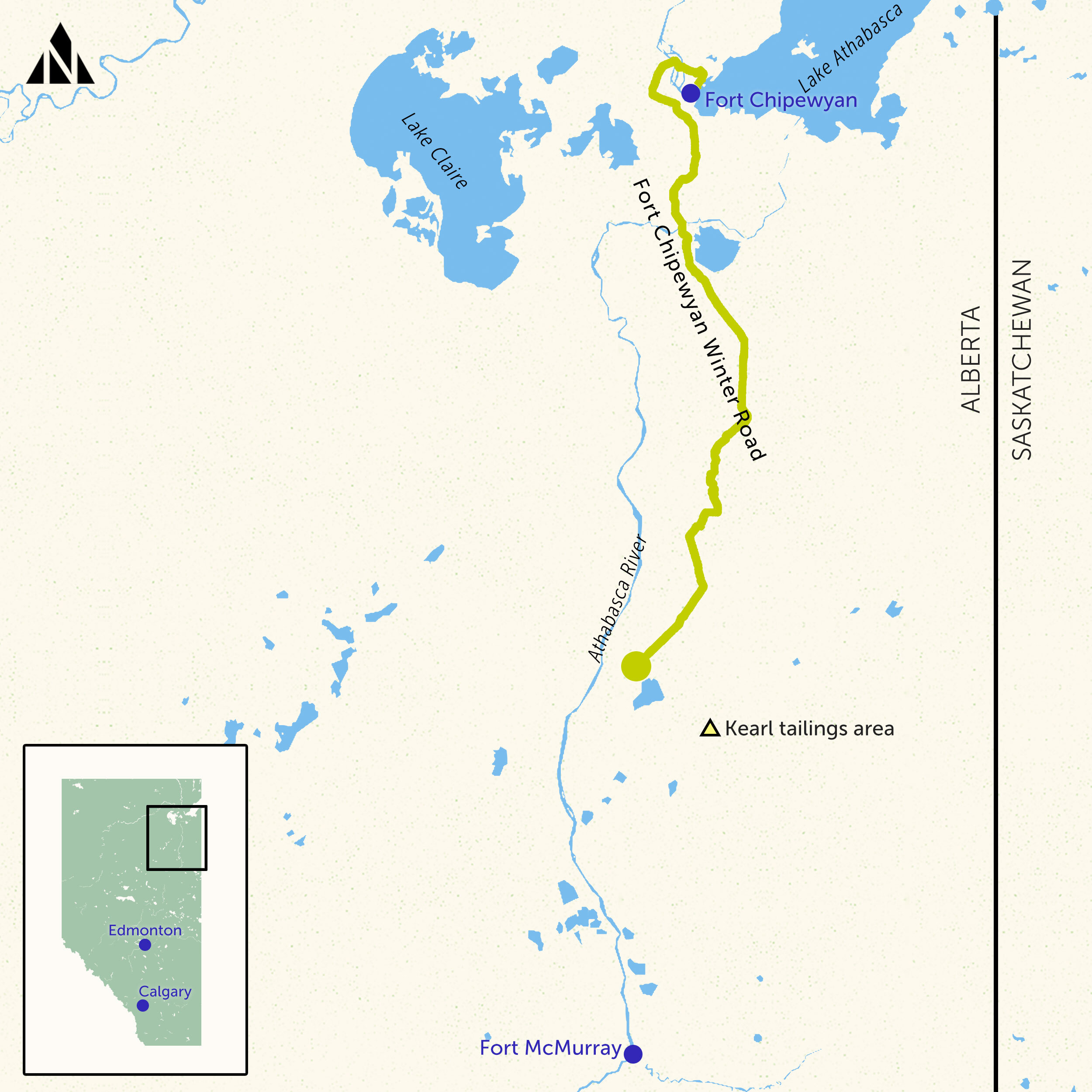 A map showing the location of (north to south) Fort Chipewyan, the community's winter road, the Kearl oilsands mine and Fort McMurray.