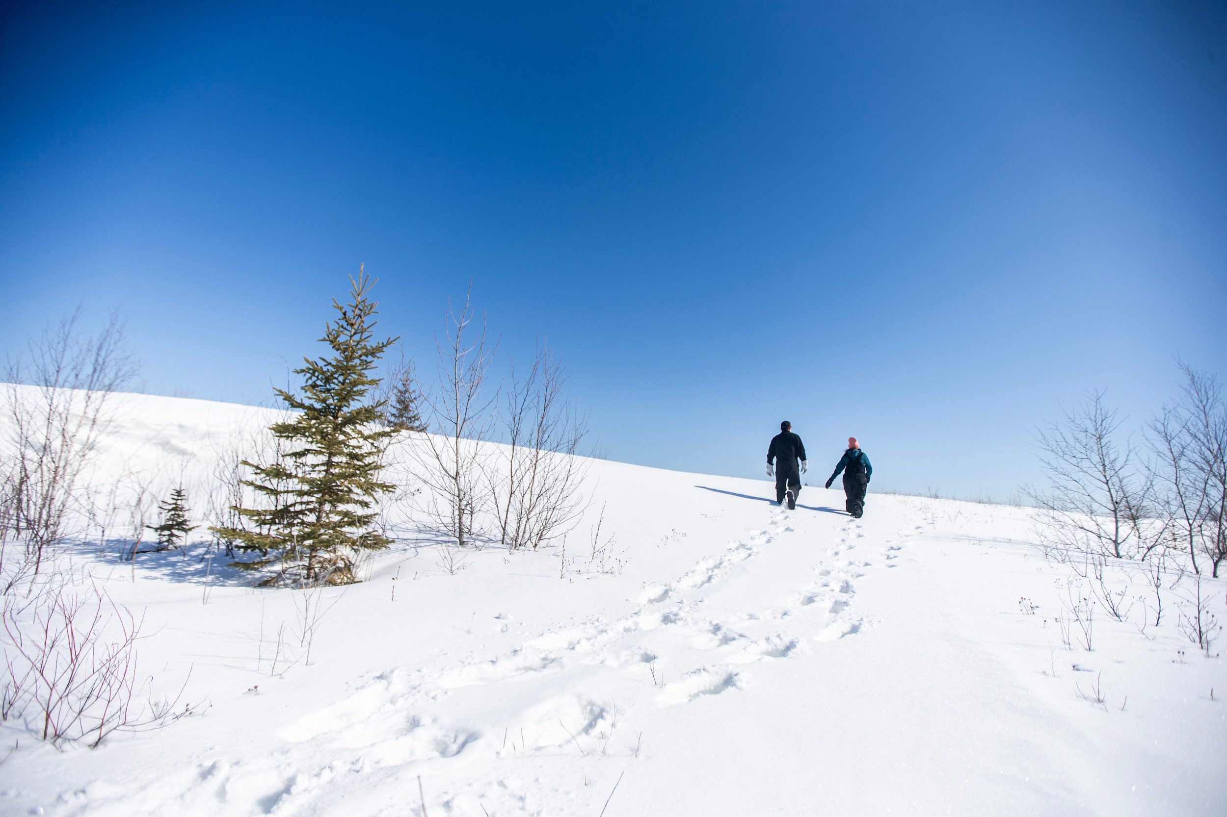 Josh and Georgina Mustard walk up a snowy ridge towards the site where Sio Silica has begun exploratory drilling on the proposed Vivian, Manitoba sand mine