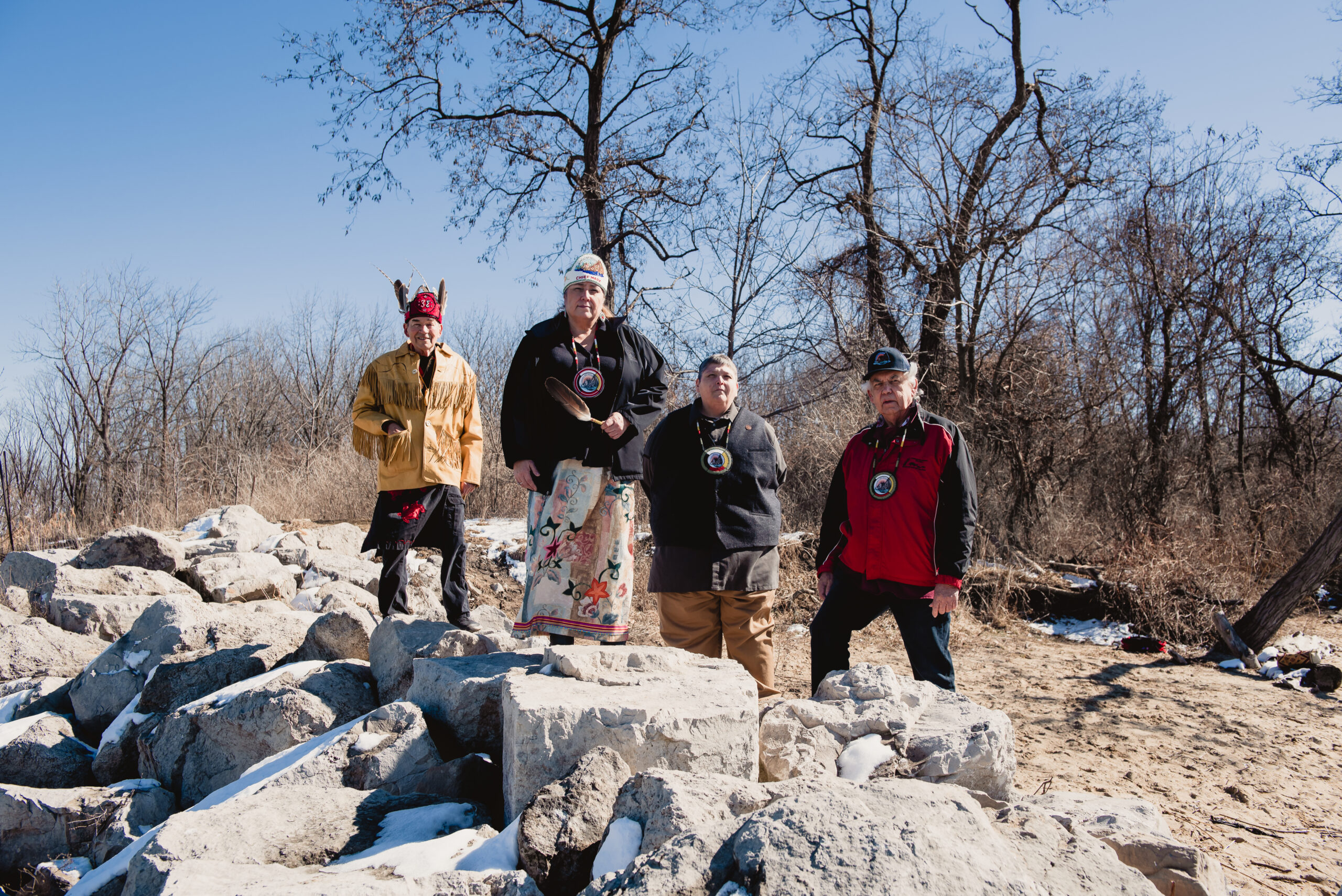 Caldwell First Nation Chief Mary Duckworth (centre) with members of her nation on Ojibway Shores