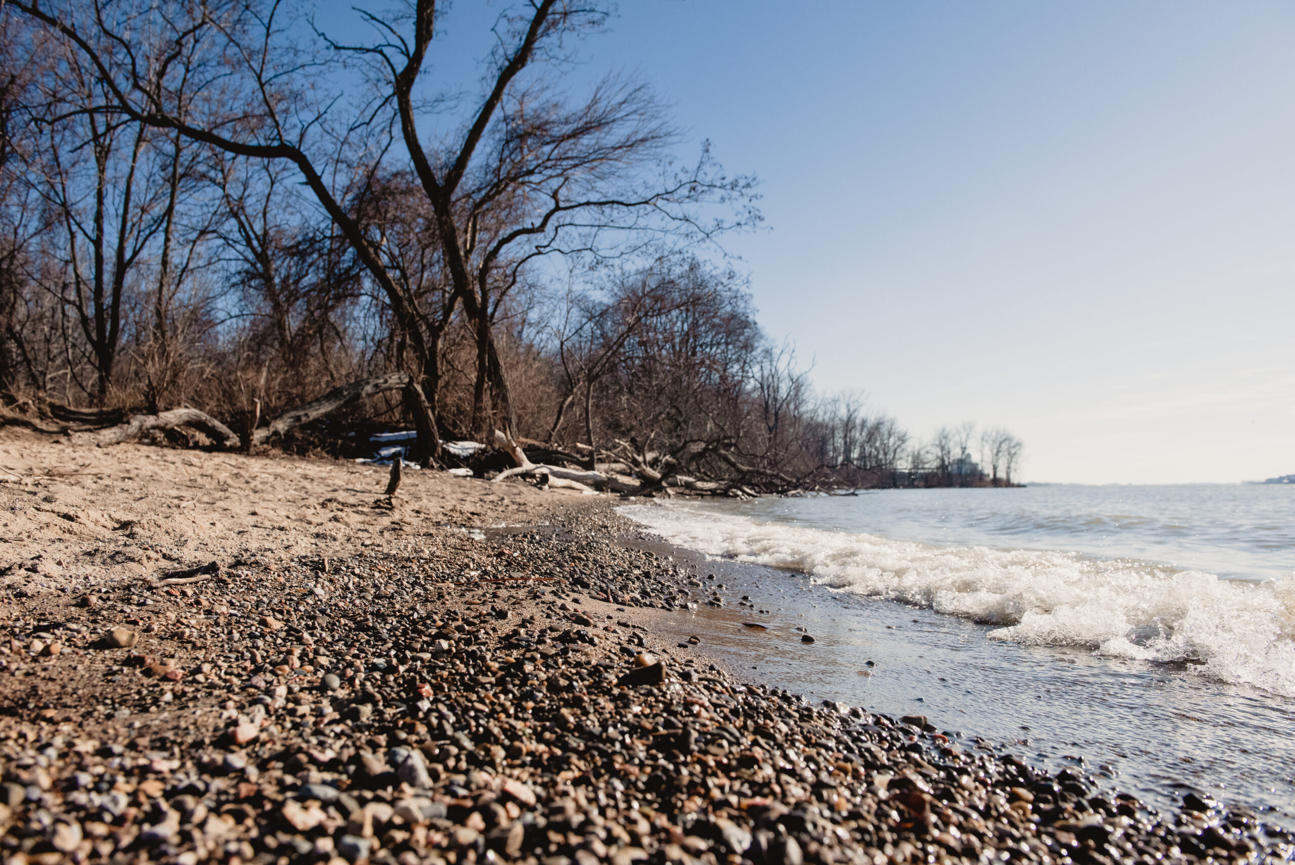 Ojibway Shores: photo of the beach with sand, stones and the water.