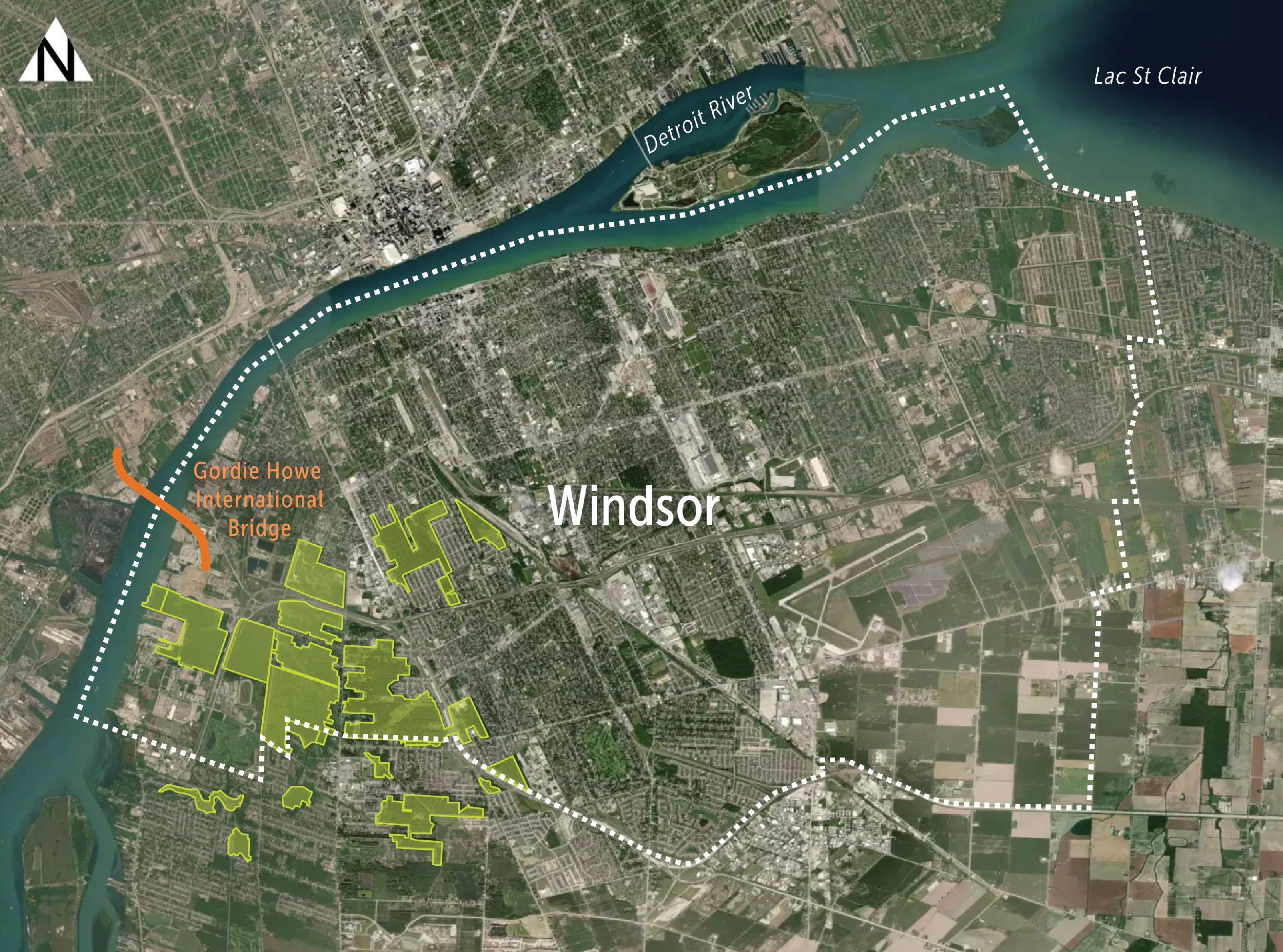 Ontario park: Map of Windsor, Ontario and surrounding area highlighting proposed Urban National Park.