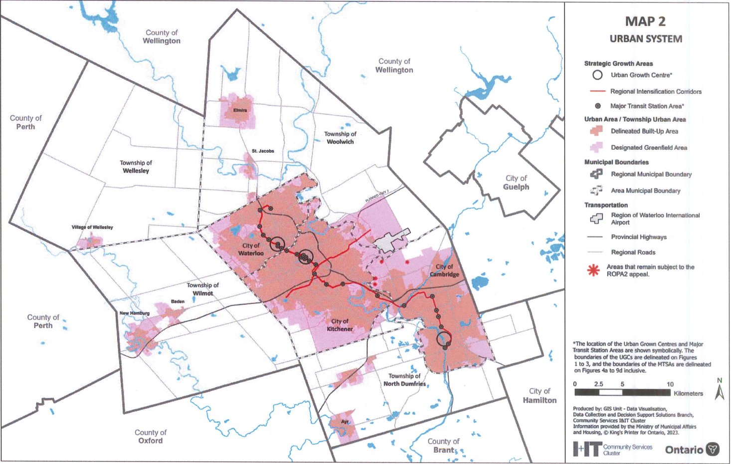A map showing the Ontario government's revisions to Waterloo Region's urban development plans