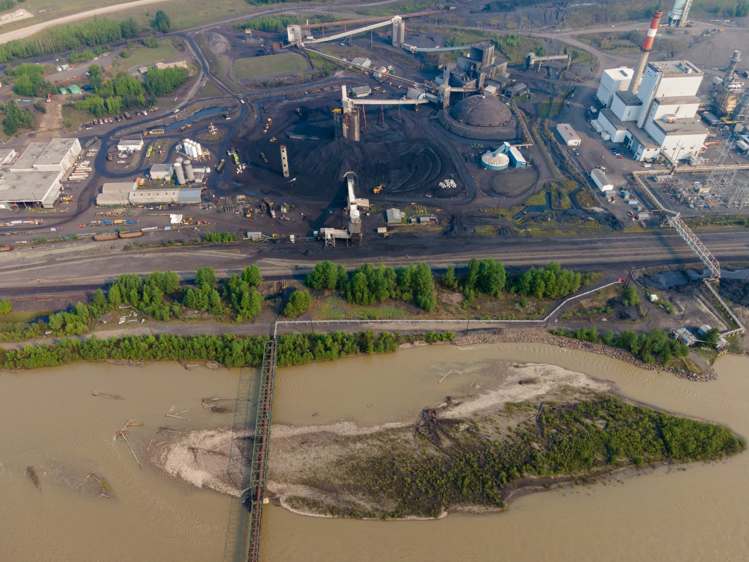 Aerial view of coal processing plant next to the Smoky River