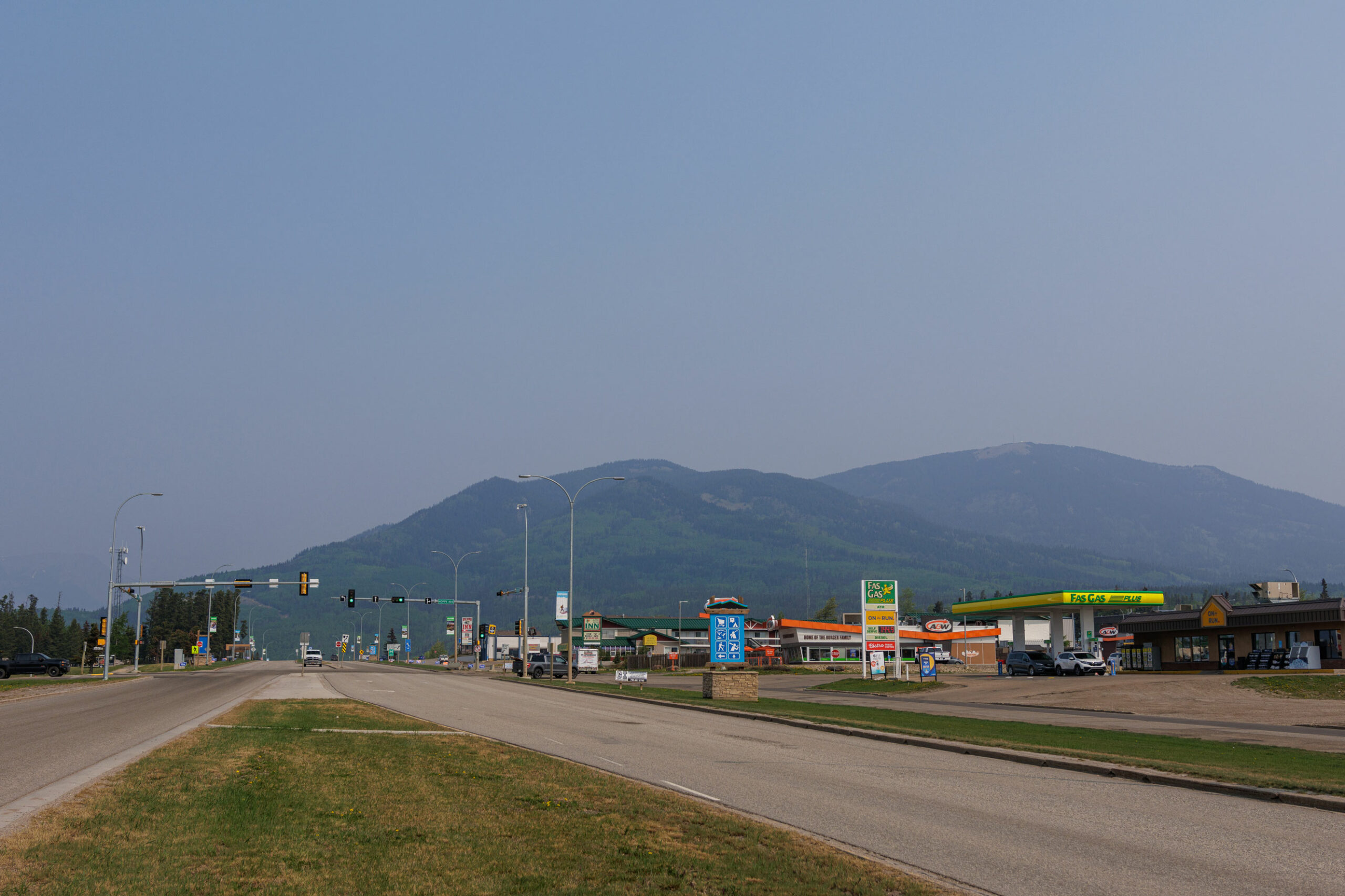 Highway 40 passes through Grande Cache, Alta., with Grande Mountain in background