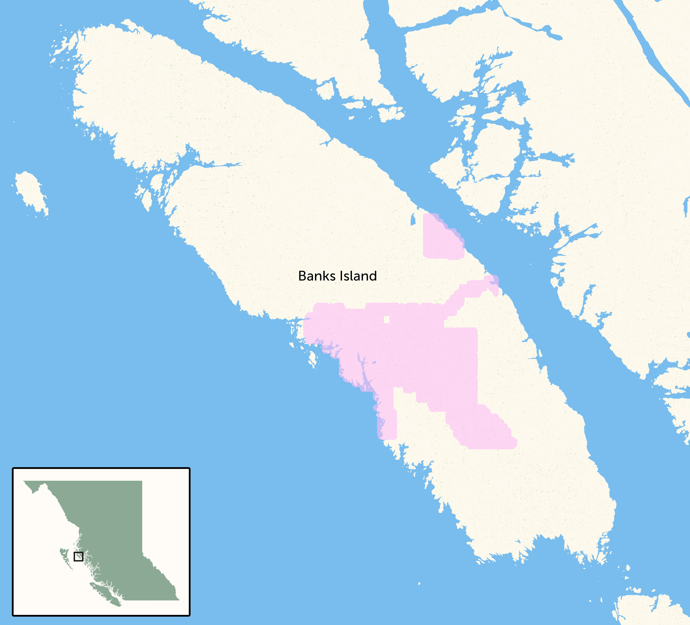 A map of Banks Island with a pink shaded area to show mineral claims in the centre of the island.
