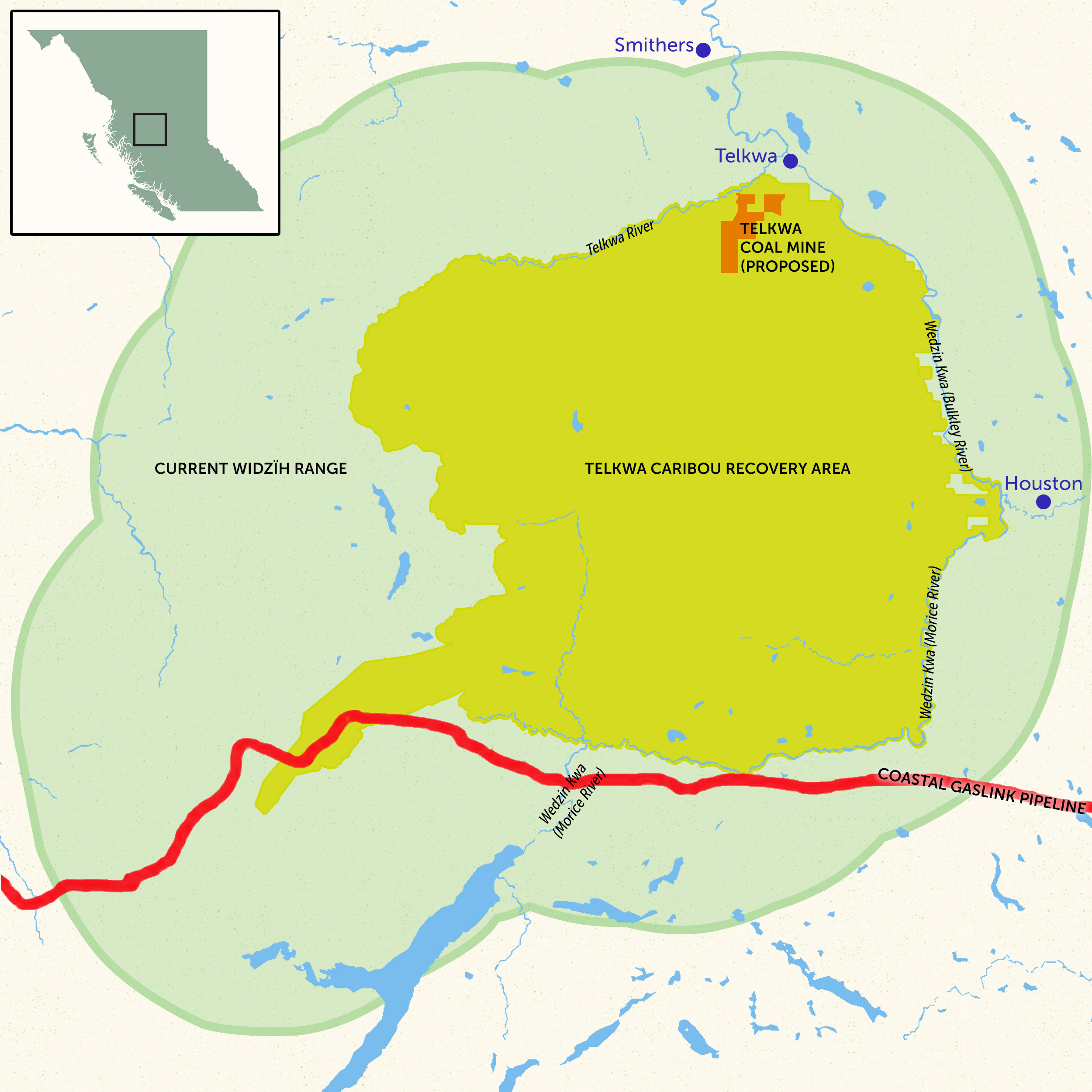 Telkwa caribou herd; Coastal GasLink pipeline map