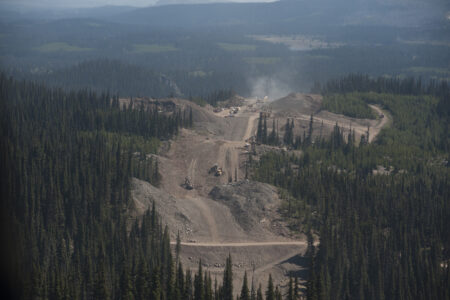 An aerial view of the right-of-way cleared for the Coastal GasLink pipeline through forest