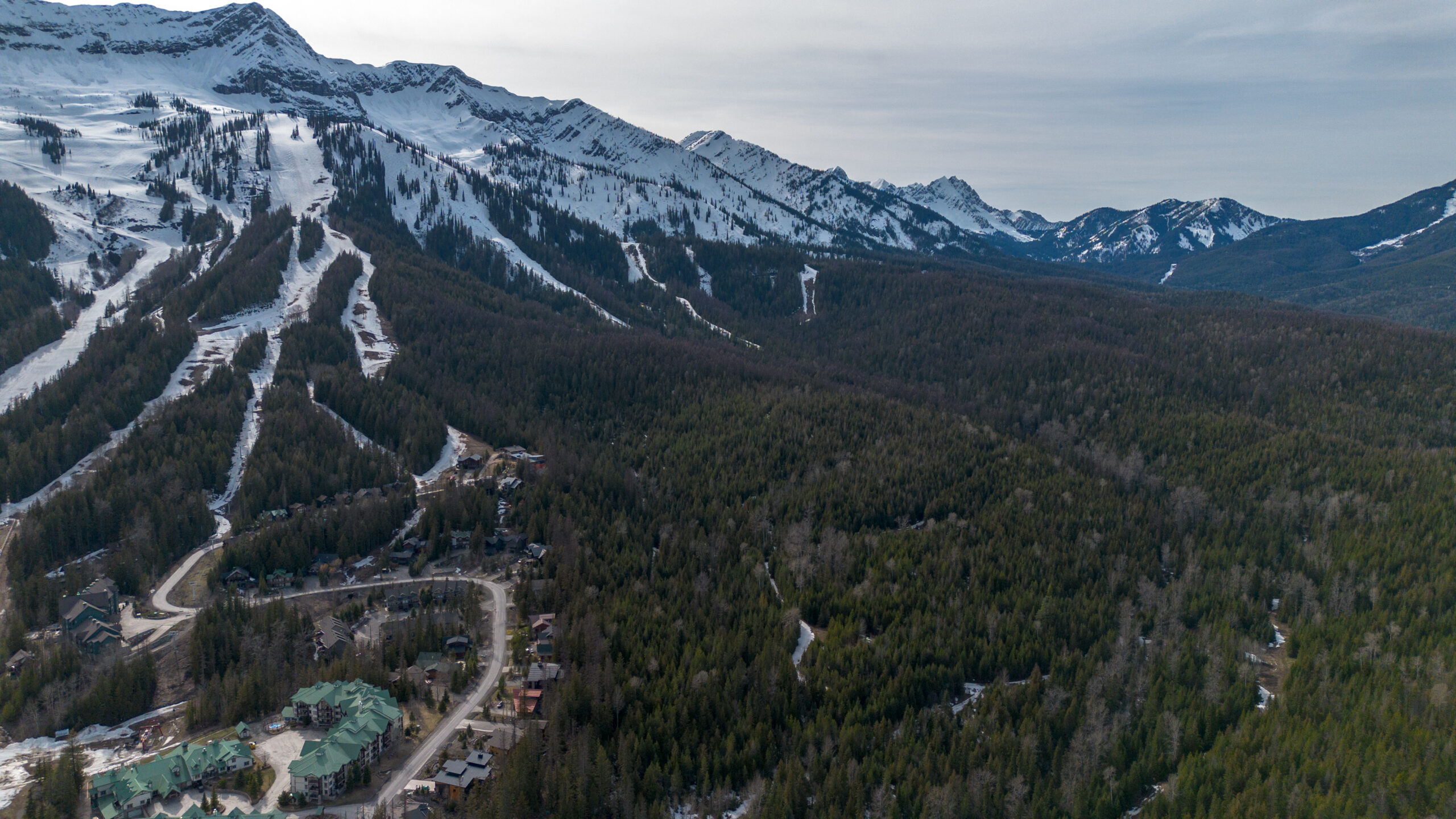 an aerial view of the Fernie Resort and forested areas with snow covered peak in the background