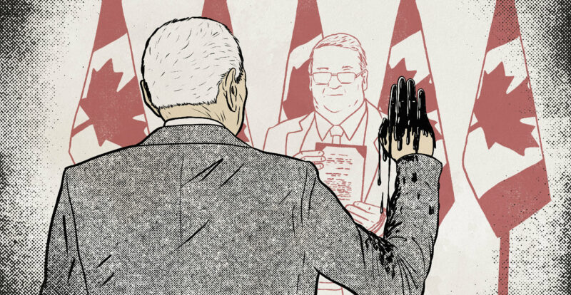 Illustration of the back of the head of a man with white hair raising his hand covered in oil with Canadian flags in the background and another man holds up a piece of paper.