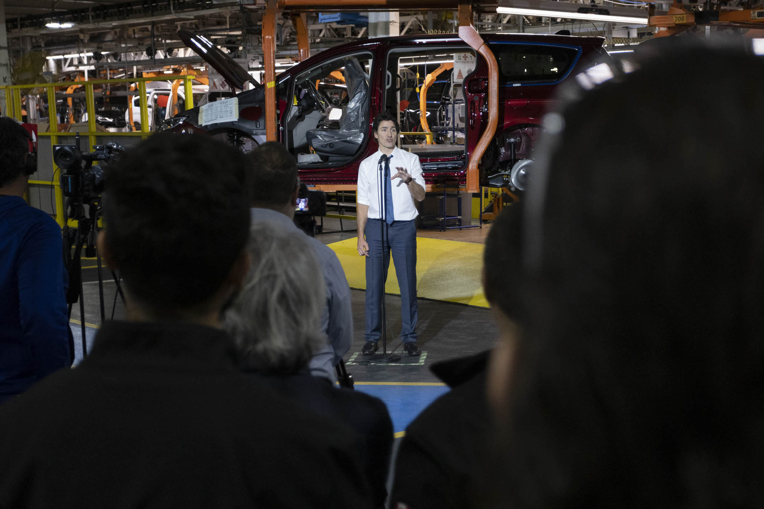 Prime Minister Justin Trudeau at the Stellantis plant in Windsor, Ont. in January. He and Ontario Premier Doug Ford both backed the opening of the company's first Canadian electric-vehicle battery manufacturing facility in the city. Photo: Nicole Osborne / The Canadian Press