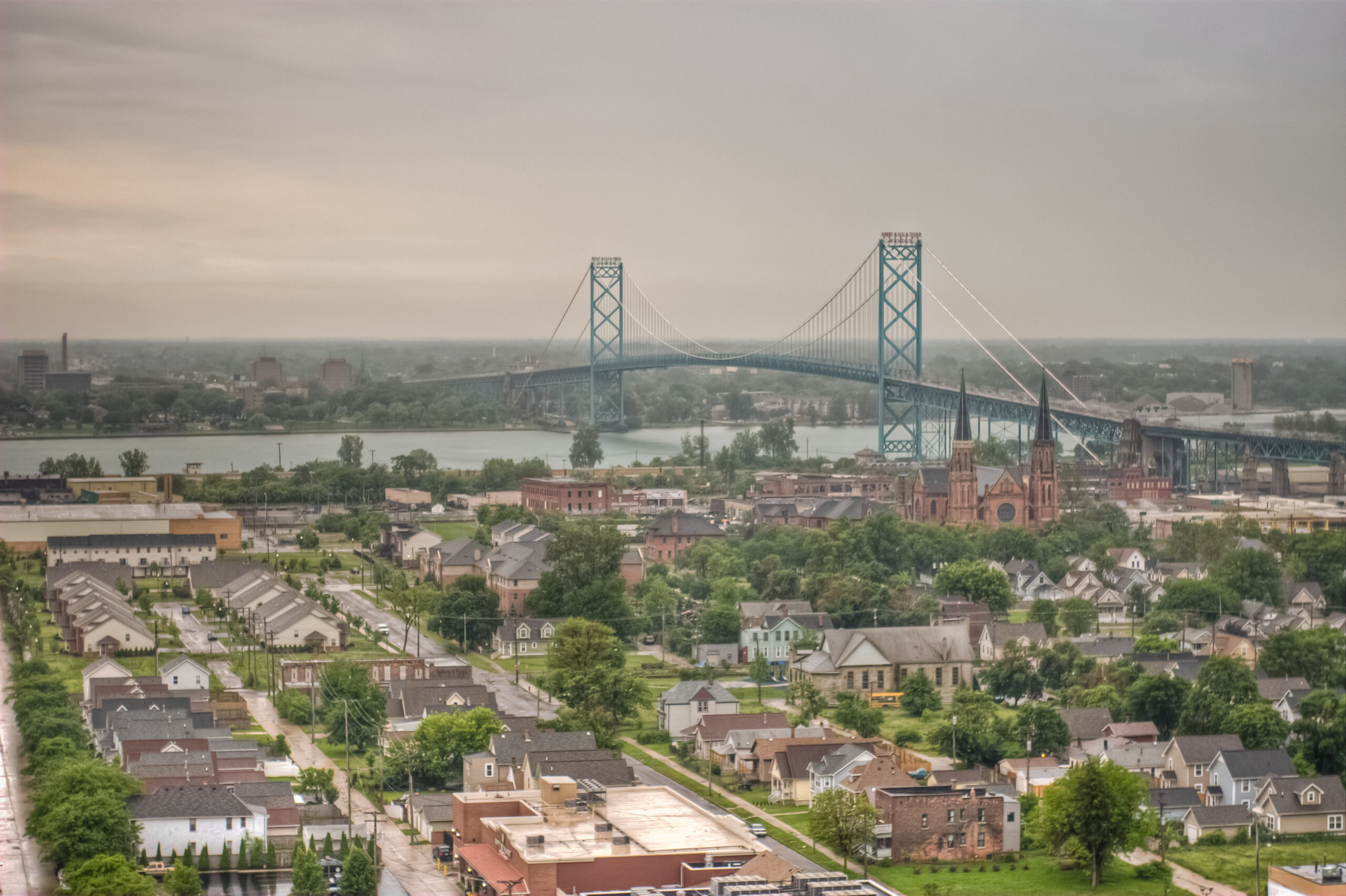 A view of the Ambassador Bridge, which connects Windsor, Ontario to Detroit, Michigan