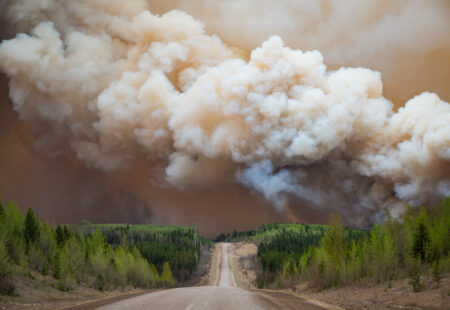 Massive plumes of Alberta wildfire smoke rise above forest alongside an Alberta highway