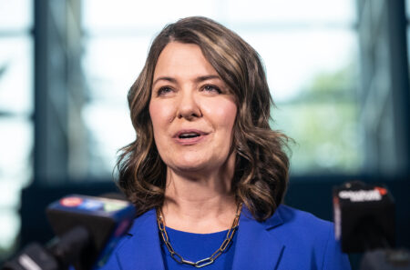 United Conservative Party Leader Danielle Smith speaks. Alberta election results show the UCP won the 2023 provincial vote.
