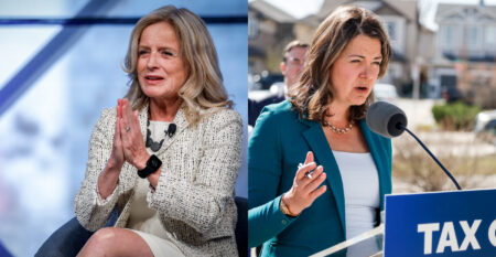 A collage with Rachel Notley and Danielle Smith