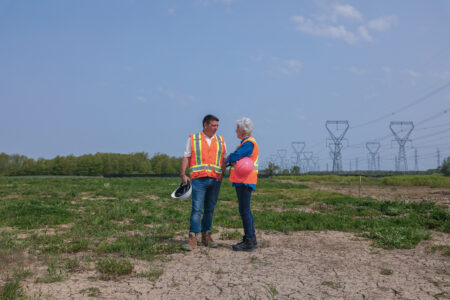 Matt Jamieson and Annette Verschuren, speak at Oneida Energy Storage in Haldimand County. Ontario