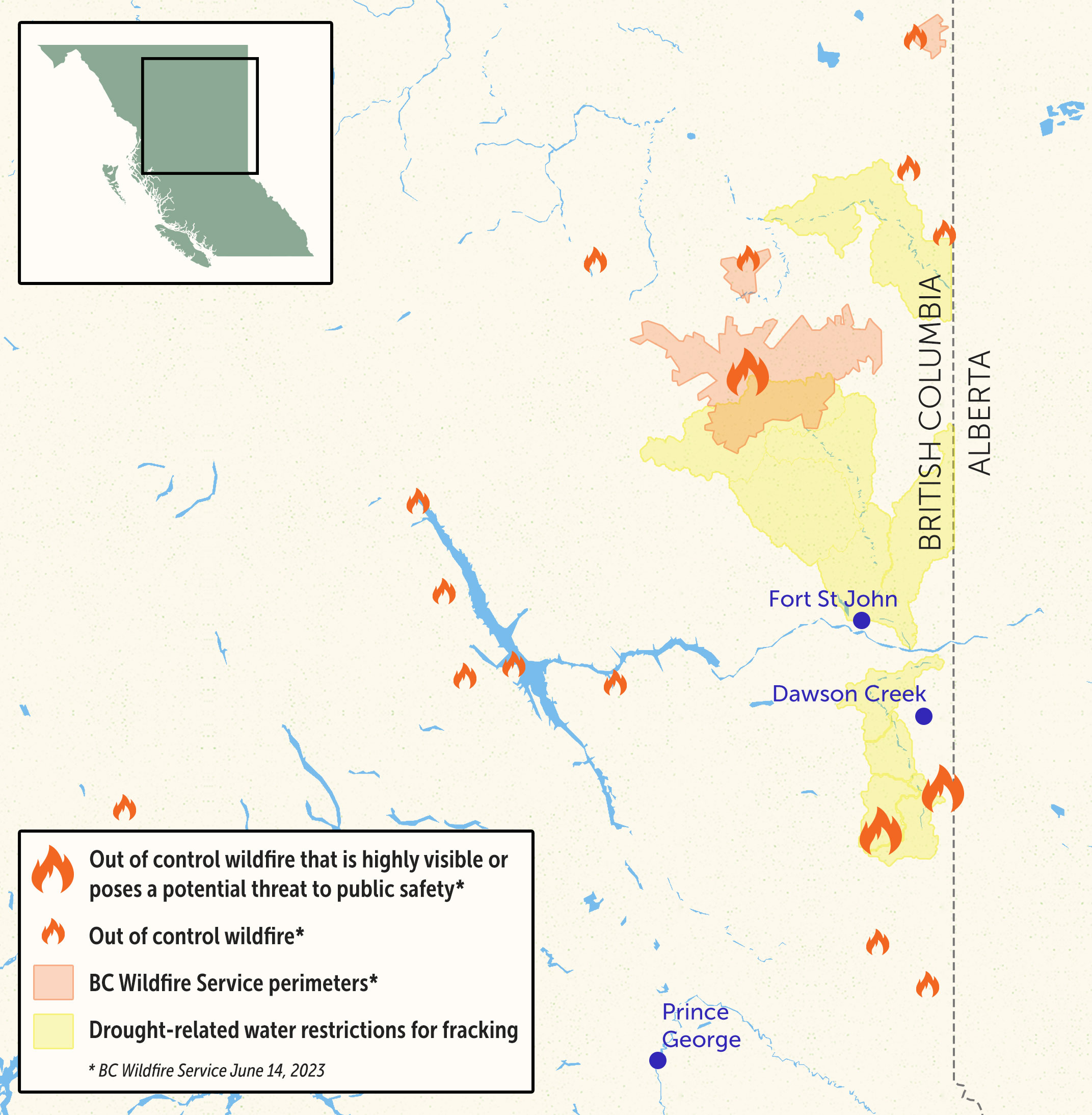 A map showing out of control wildfires and drought-related water restrictions for fracking in Northeastern British Columbia.