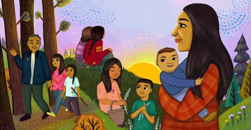 Illustration by Karlene Harvey about the promise of Indigenous Protected and Conserved Areas (IPCAs). Left to right: a father walks with two kids in a forest; two people look out at the sunset; two people pick native plants; a mother holds her child.