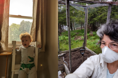 A photo of a toddler indoors with gloomy smoke outside, next to it a selfie of a woman wearing a mask in her garden outside.
