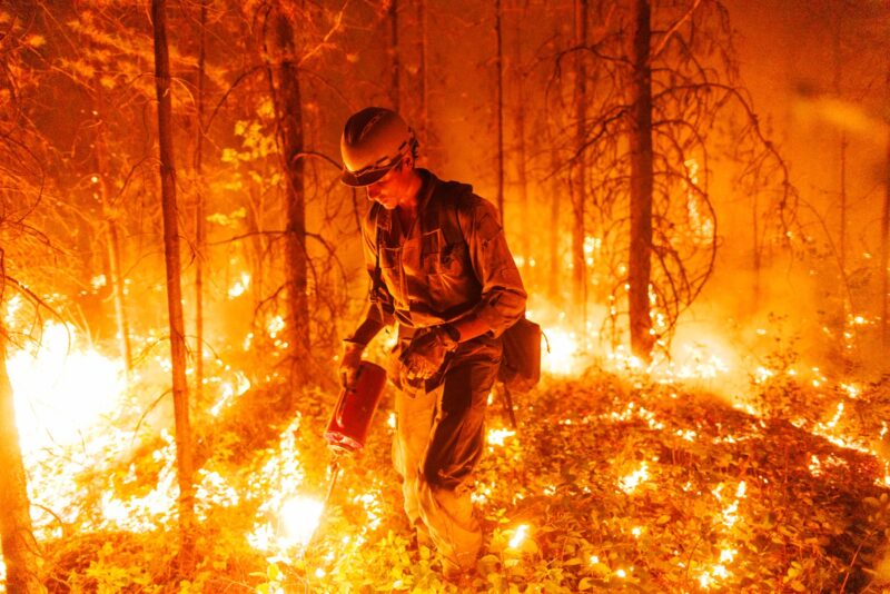 Carson Long, a firefighter with the Alaska Smoke Jumpers, uses a drip torch to light a low-level planned ignition, the photo has an orange cast from the flames