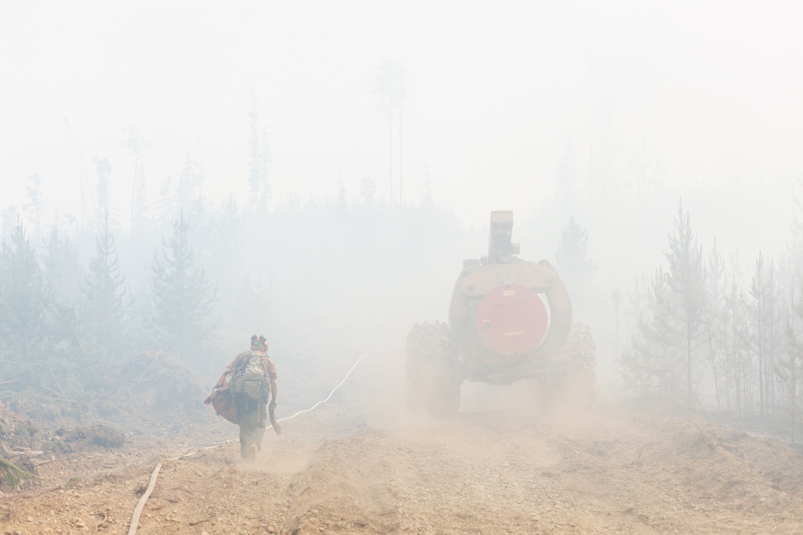 A wildfire firefighter carries hose along a fireguard in a forest blanketed in smoke