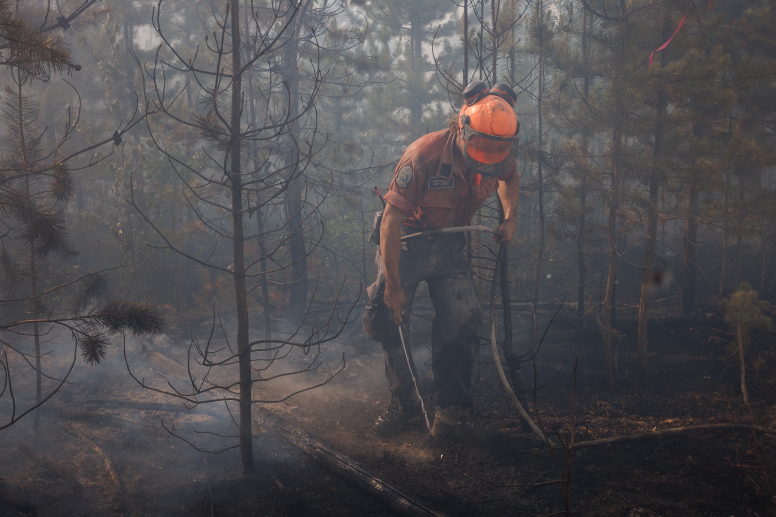 BC Wildfire: A firefighter in an orange helmet uses a hose to douse fire hotspots in a smoky forest