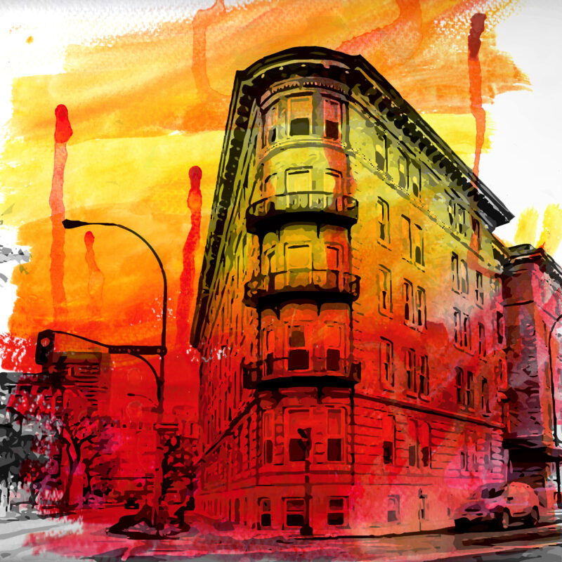 An illustration of a downtown Winnipeg building on a street corner painted over with red, orange and yellow hues
