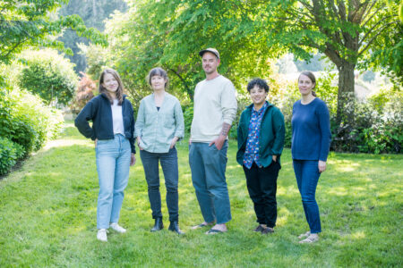 A photo of The Narwhal's B.C. reporters (from left to right): Steph Wood, Sarah Cox, Matt Simmons, Francesca Fionda and Ainslie Cruickshank