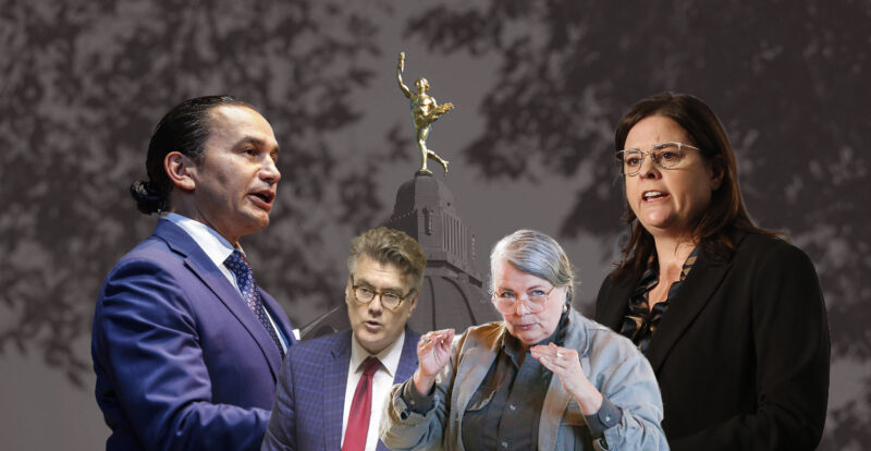 Manitoba election 2023: An illustration that includes a photo of the MB legislature in the back with the golden boy in the middle. From left to right, Wab Kinew, Dougald Lamont, Janine Gibson and Heather Stefanson