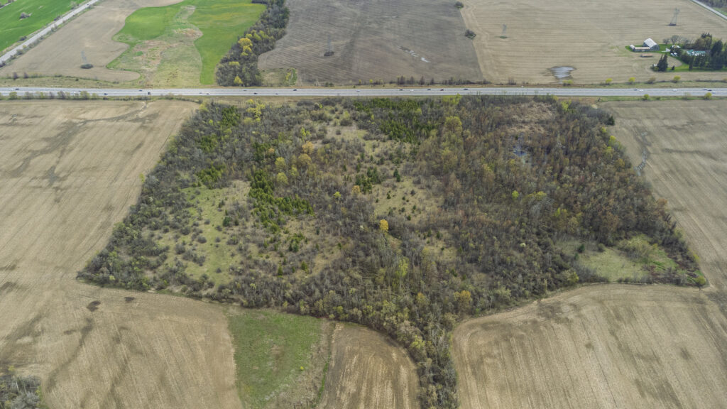 Ontario Greenbelt: Farmland and protected wetlands looking south from Fourth Concession Rd., west of Altona Rd., in the Duffins Rouge Agricultural Preserve seen from above