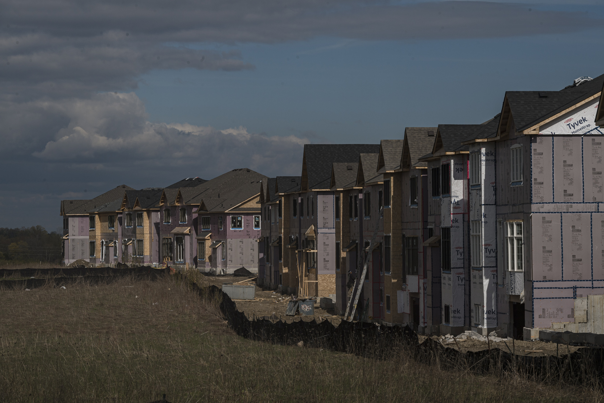 A line of houses under construction on the edge of the Ontario Greenbelt