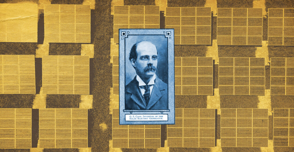 A photo of inventor George Cole overlaid over images of solar panels.