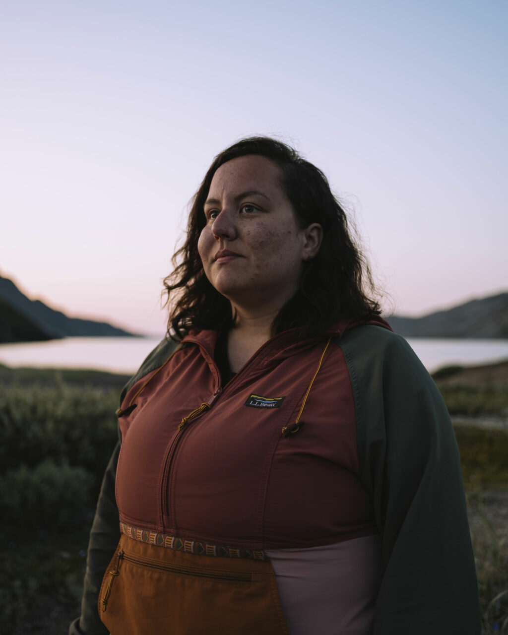 Photo of Michelle Saunders, an Inuk biologist and researcher with the Nunatsiavut government, with the Torngats landscape behind her, and the sky turning pink.