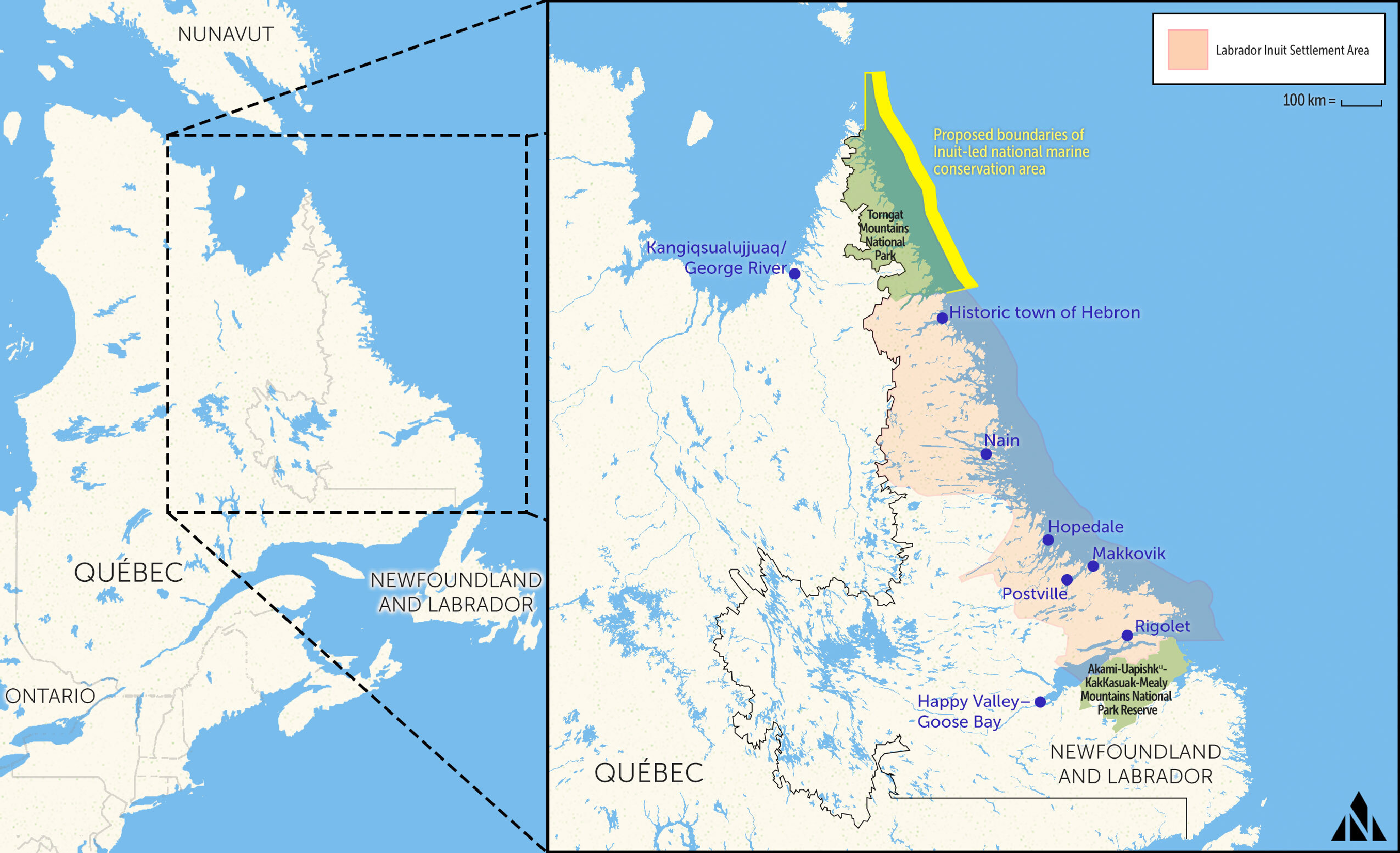Two maps showing location of Nunatsiavut in northern Labrador, In Newfoundland and Labrador, Canada