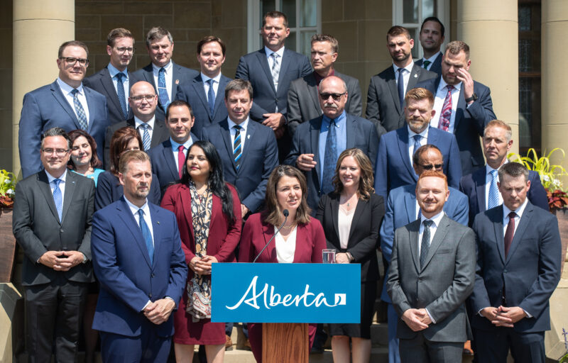 Alberta Premier Danielle Smith holds a press conference with her new cabinet ministers in Edmonton, Friday, June 9, 2023.