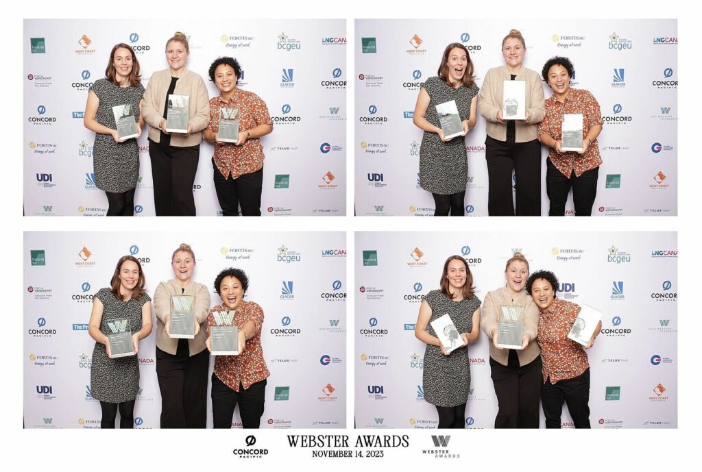 A quadrant of photos featuring three Narwhal staff holding up Webster Awards. In each photo, seen left to right: Ainslie Cruishank, Lindsay Sample and Francesca Fionda.