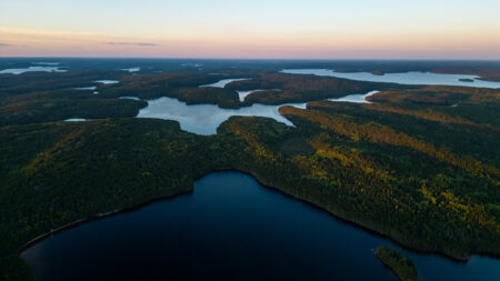 Aerial view of the Institute for International Sustainable Development Experimental Lakes Area in northwestern Ontario, known as the world's largest outdoor experimental freshwater research facility of its kind.