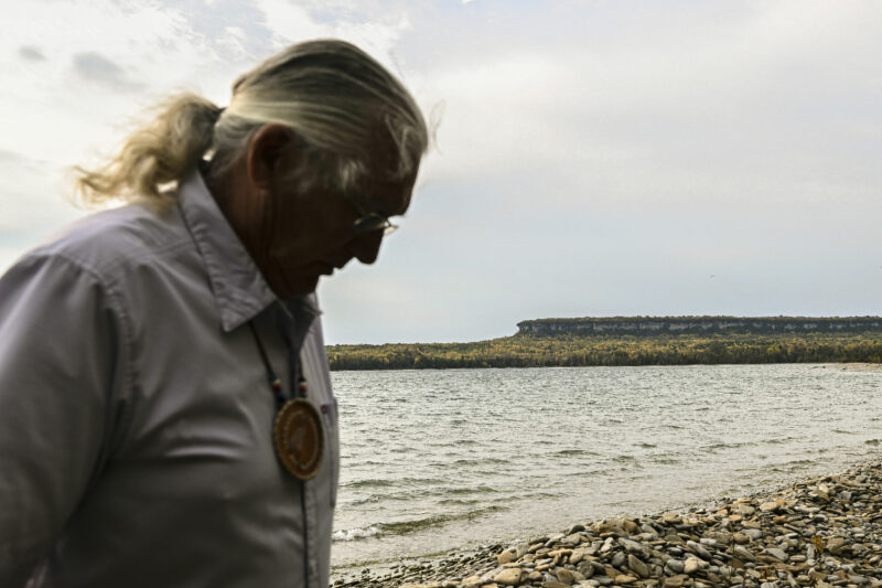 Chief Greg Nadjiwon on the Georgian Bay coastline on Chippewas of Nawash Unceded First Nation territory.