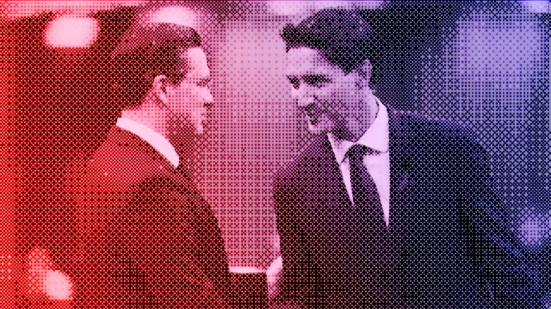 A red and blue filter over a photo of Conservative Leader Pierre Poilievre and Prime Minister Justin Trudeau shaking hands