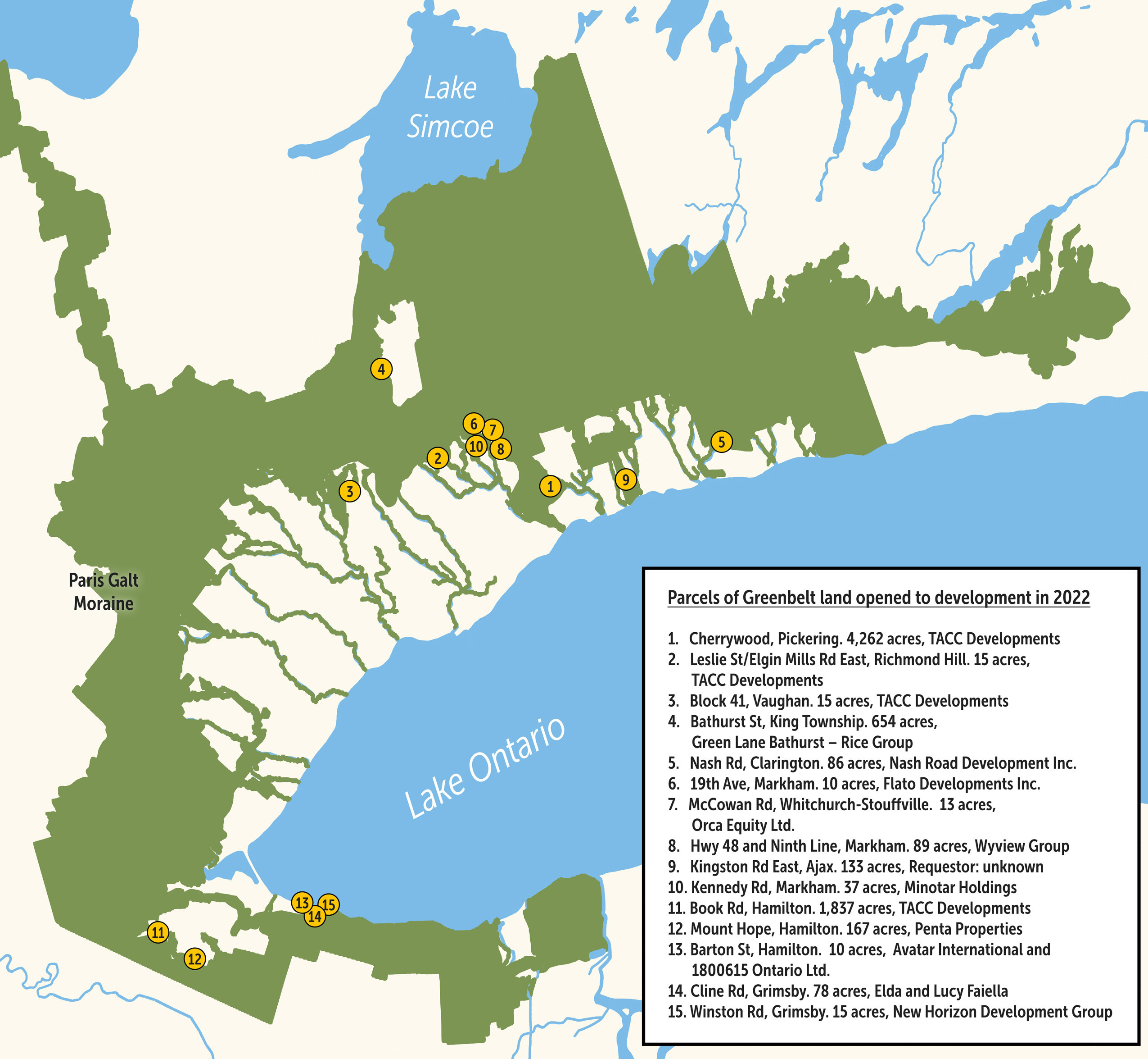A map showing the parcels of Ontario Greenbelt land that were opened to development in 2022
