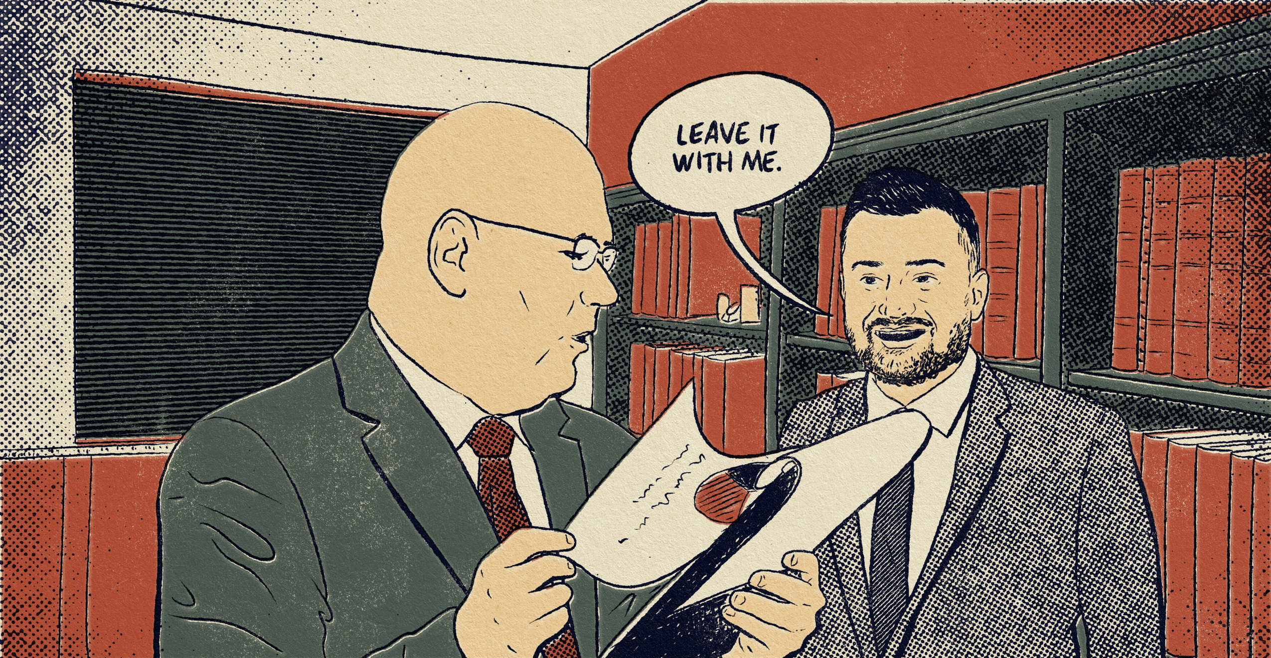 A comic book-style illustration of Steve Clark and Ryan Amato in an office, with a speech bubble over Amato's head reading "Leave it with me."