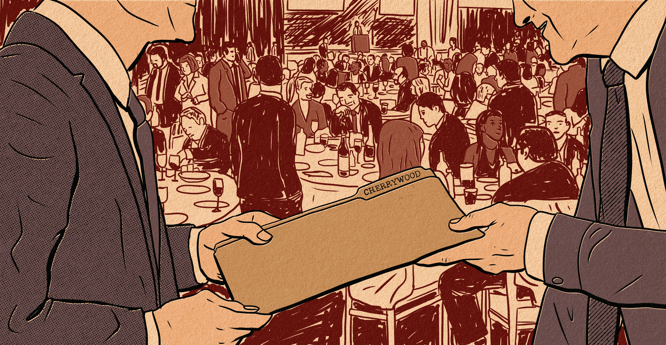 A comic book-style illustration of two men in suits exchanging a file folder with the word "Cherrywood" on it with people eating dinner at round tables behind them