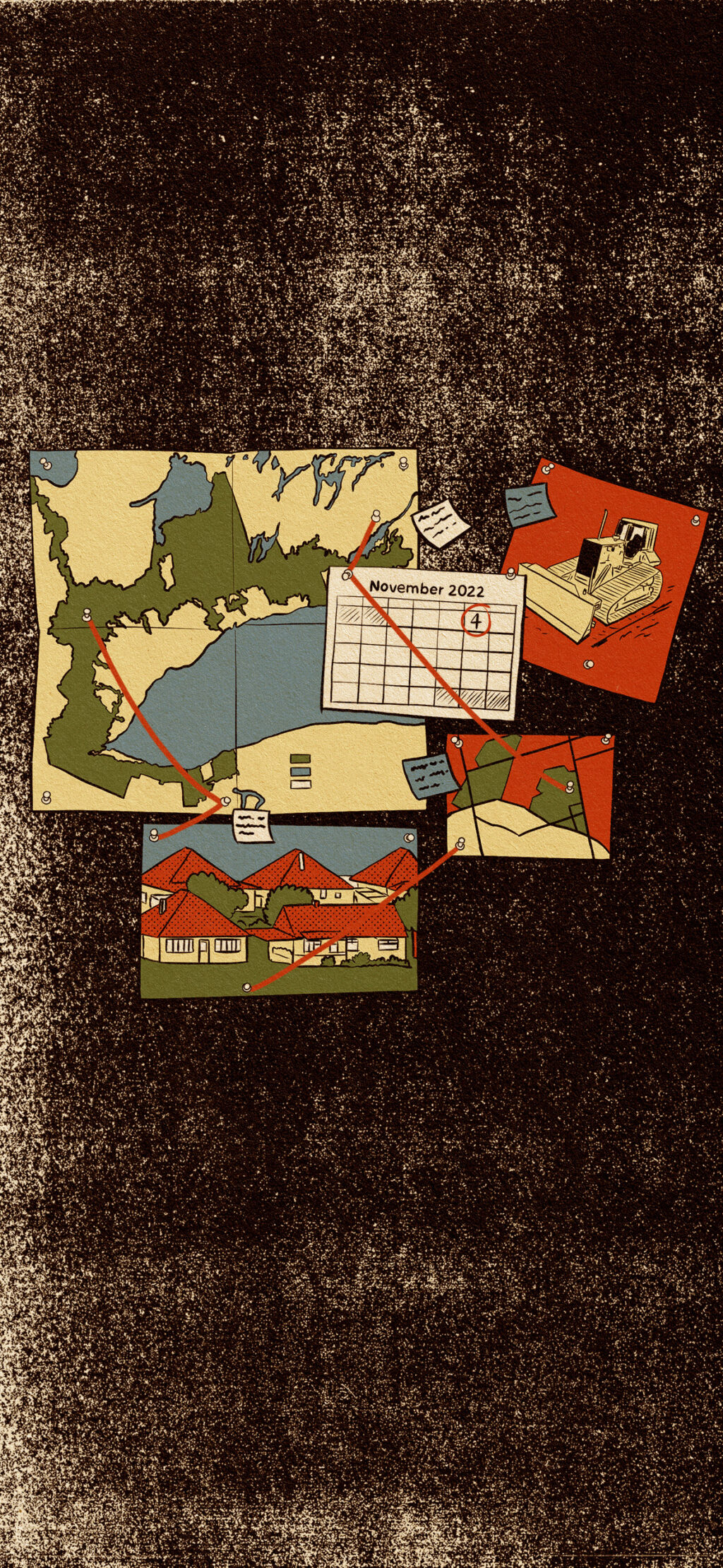 An illustration of a black board with items pinned to it connected by string: a map of Ontario's Greenbelt, a calendar with Nov. 4, 2022 circled, a bulldozer, a closeup map and some houses