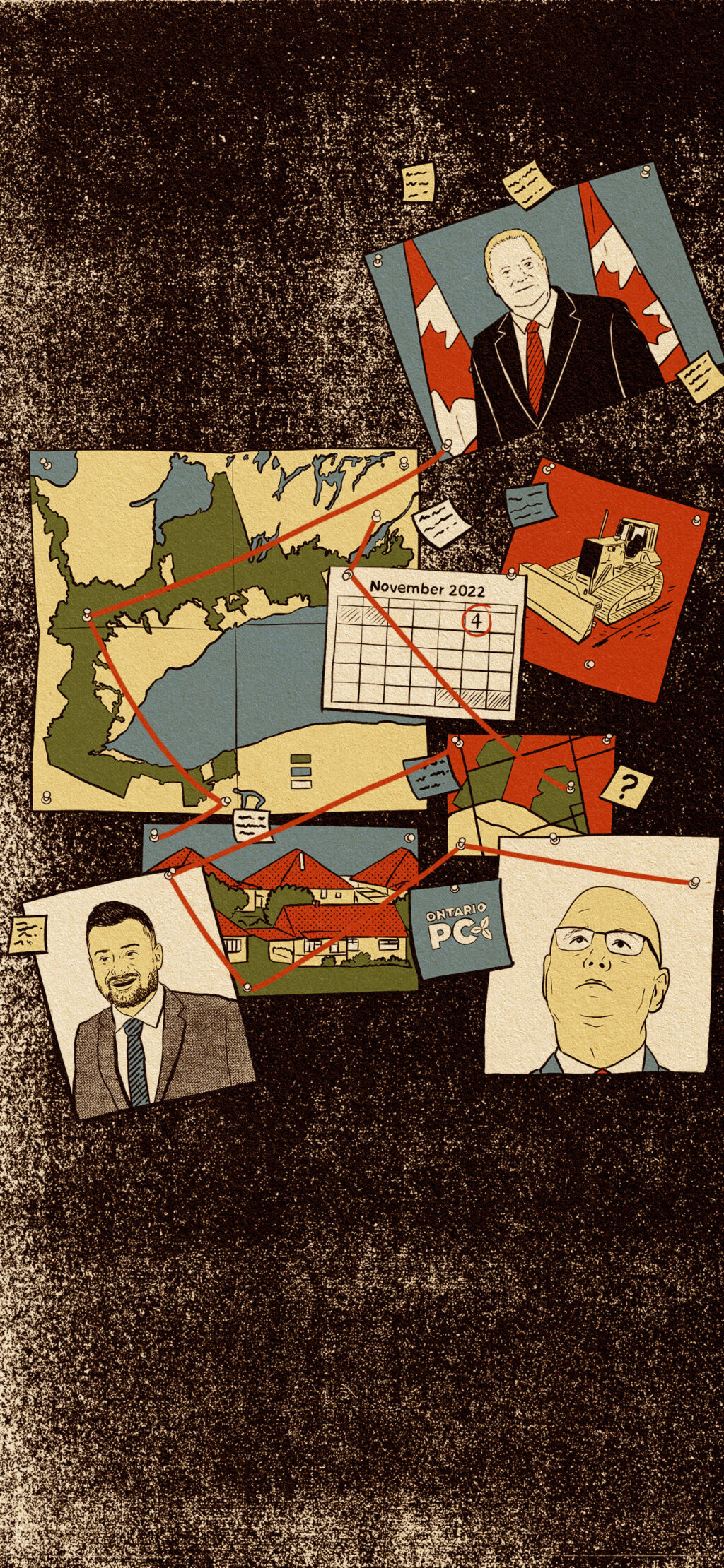 The same as the last image, with more things added on to the board: photos of Doug Ford, Ryan Amato, Steve Clark and the Ontario Progressive Conservative logo