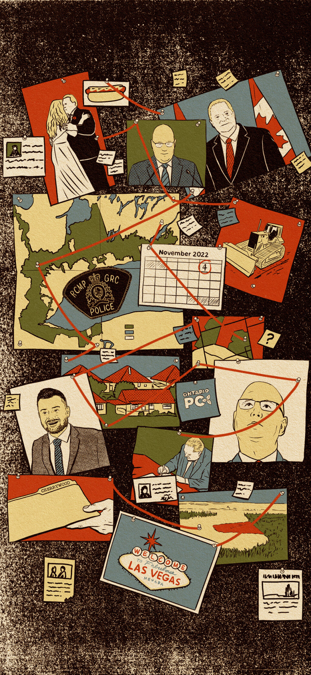 The same as the last image, with one final round of new things layered in: the RCMP logo, Clark at a press conference, and a postcard reading "welcome to Las Vegas," news clippings