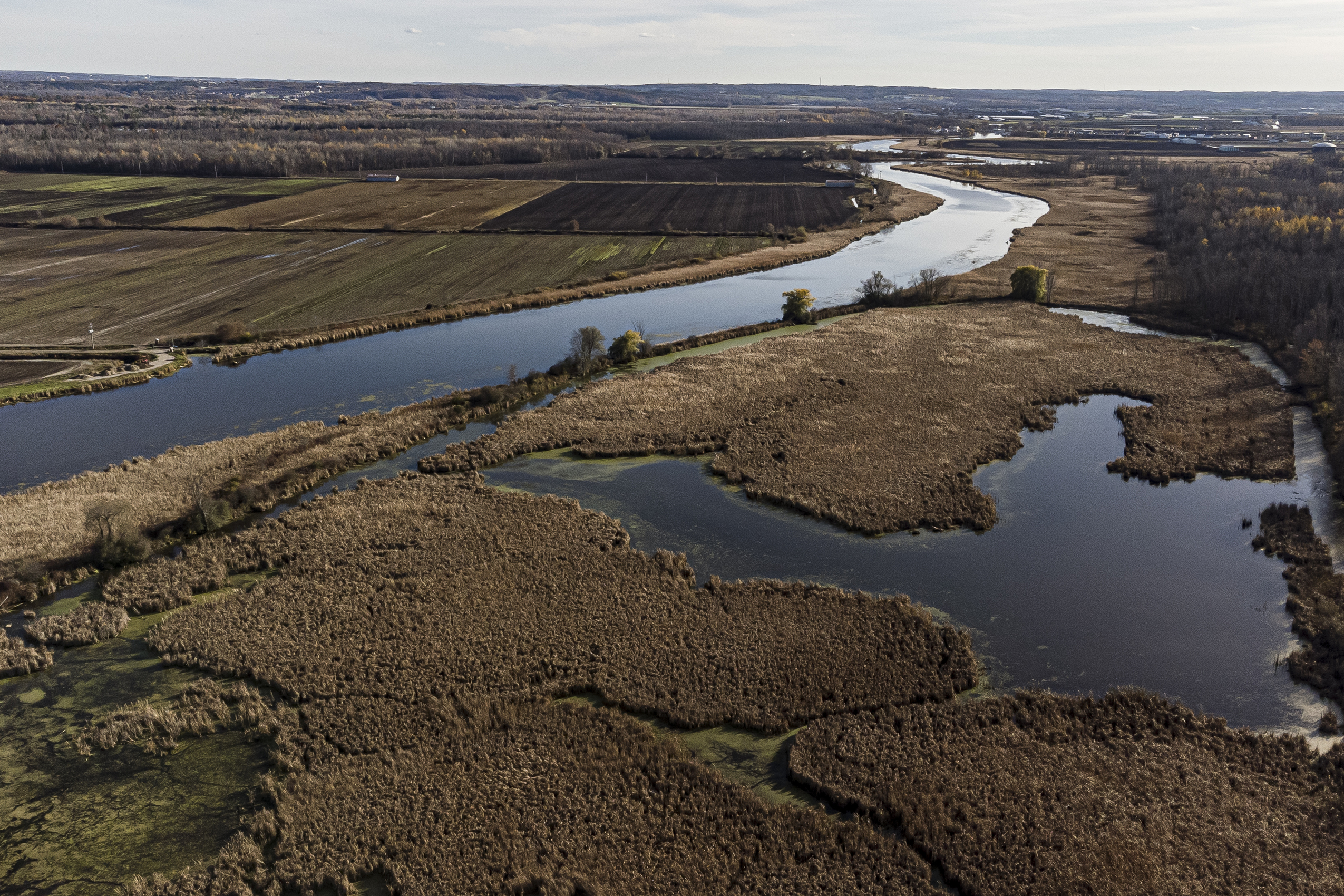 Ontario Greenbelt: The Holland Marsh, Holland River and farms seen from above