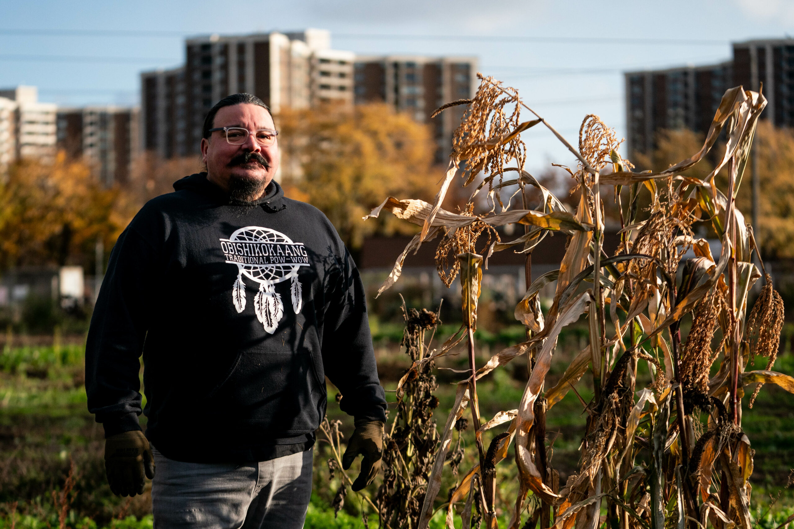 Chef and Indigenous food sovereignty advocate Charles Catchpole stands by his farming plot Gitigaanes in Flemo Farm, North York, Toronto