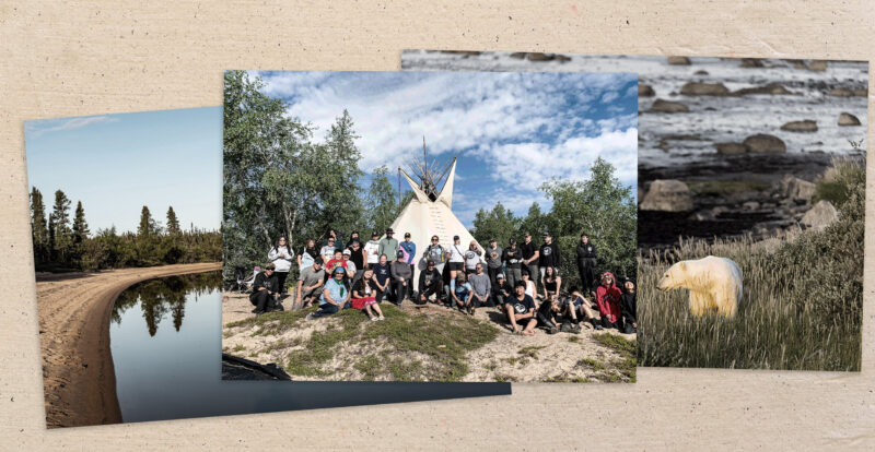Seal River: Three photos of the area and communities that will make up the Seal River Indigenous protected area, including images of a teepee and polar bear